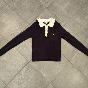 Crewcuts Girls Black Ribbed Sweater with Cream Collar and Gold Buttons - Size XL